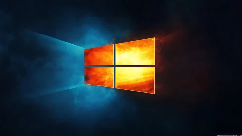 Windows Logo With Fiery Luminescence Against Dark Blue Environment.