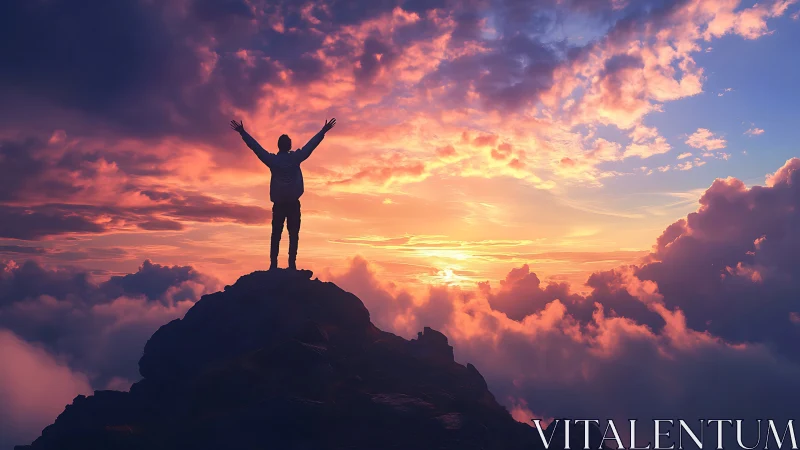 Silhouette on mountain peak under expansive sunset sky.