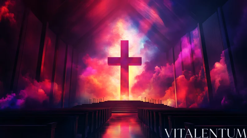 Luminous altar cross bathing a cathedral in cosmic dawn.