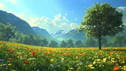 Sunny wildflower meadow embraced by peaceful green mountains.