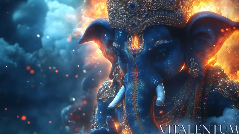 Elephant-headed deity figure in ornate crown amid fire and smoke.