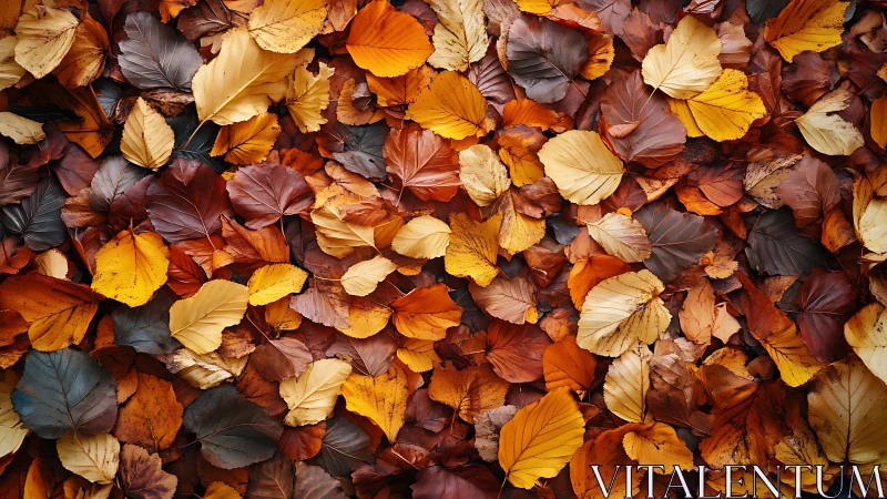 Overhead view of multicolored autumn leaves on ground.