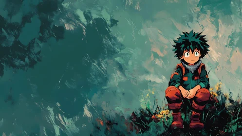 Solitary anime hero seated against teal painterly backdrop.