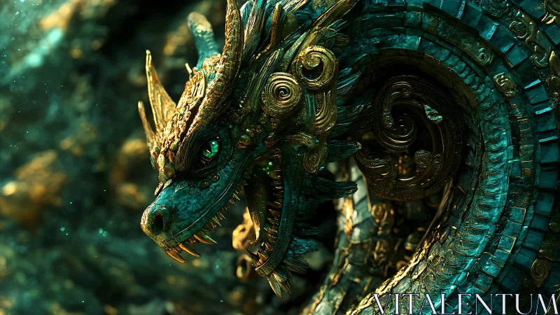 Metallic turquoise dragon head is rendered in high detail