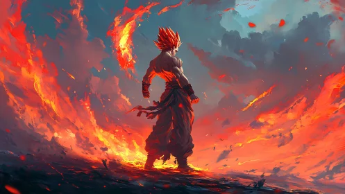 Fiery warrior stands in swirling flames and storm sky.