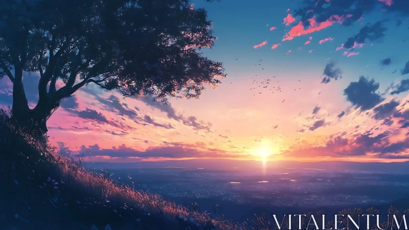 Hilltop daydream tree above a neon-washed sunset world.