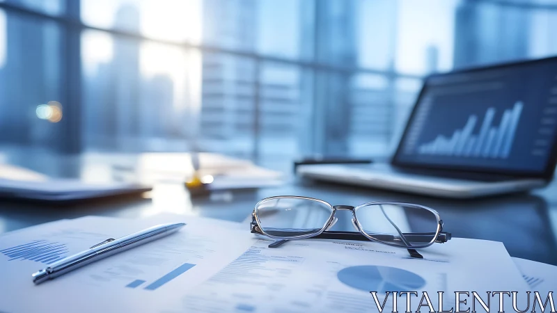 Office desk with financial reports, glasses, and laptop.