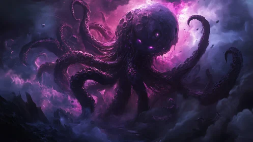 Cosmic purple leviathan rises in swirling stormy nebula sky