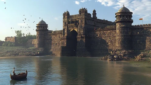 Medieval riverside fortress rendered in warm directional daylight