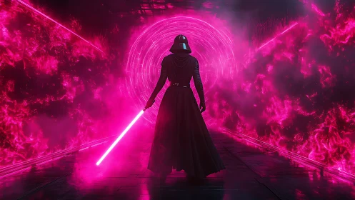 Dark armored figure faces neon vortex in glowing corridor