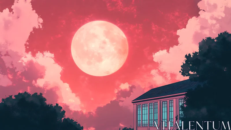 Full moon glows over pastel clouds and quiet rooftop