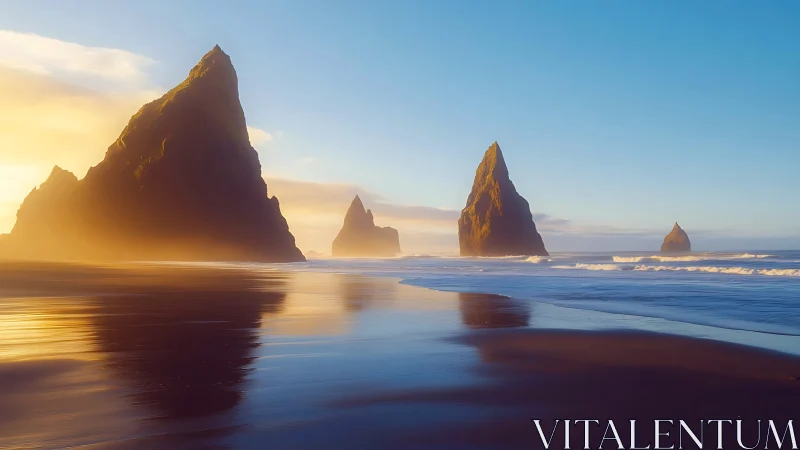 Haystack Rock and Sea Stacks at Golden Hour.