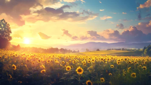 Sunlit sunflower field stretches toward distant blue hills