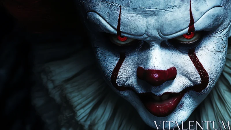 Grinning nightmare clown leans from shadow with burning eyes