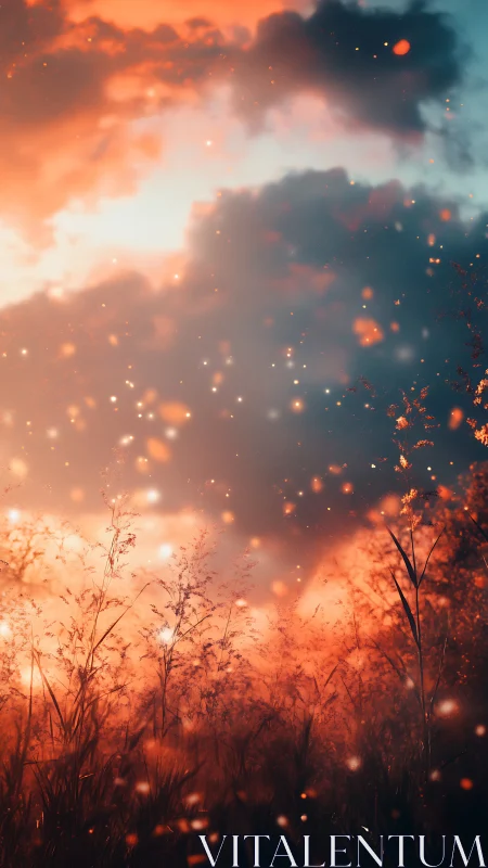 Soft sunset meadow glows warmly under drifting firefly lights