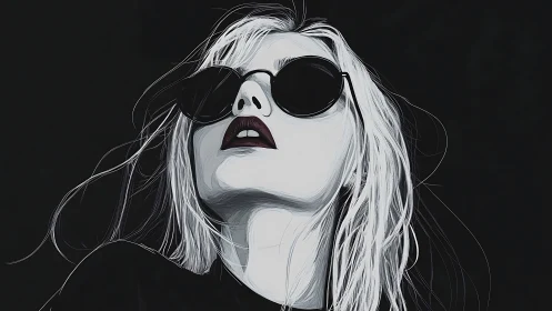 Monochrome digital portrait of woman in round sunglasses.