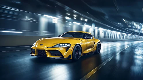 Yellow sports coupe racing through illuminated tunnel at night.