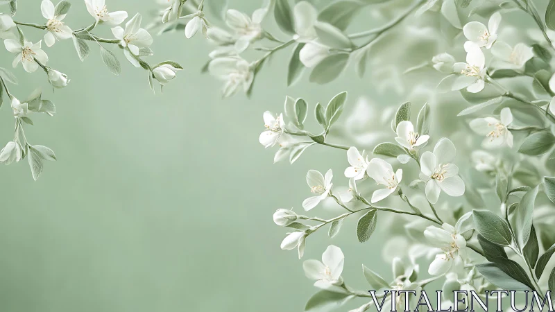 Delicate white blossoms cascade across soft mint botanical background