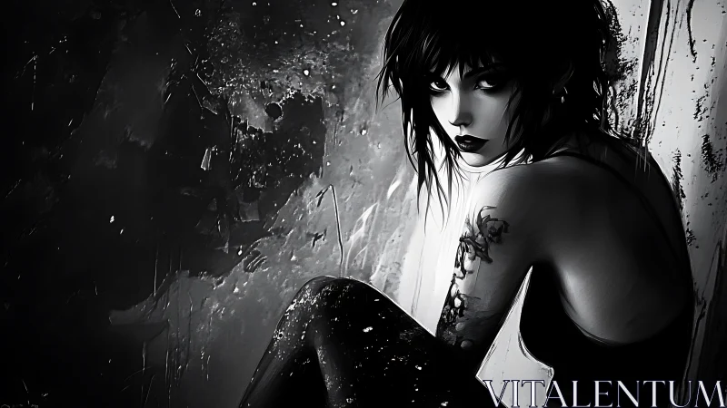 Gothic woman in monochrome corner with tattooed arm.