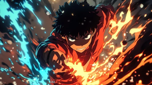 Dynamic anime hero channeling dual blue and orange elemental fire