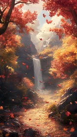 Autumn canyon waterfall with red foliage and falling leaves.