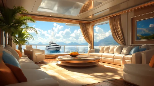 Sunlit yacht lounge opening onto calm blue island waters.