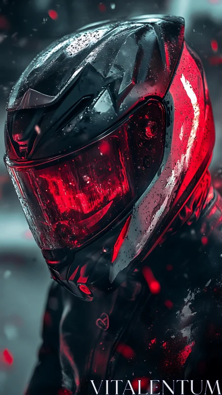Motorcycle helmet close-up with red visor in wet conditions.
