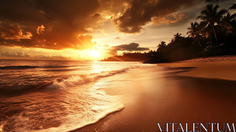 Golden tropical beach sunset with palm trees and waves.