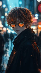 Urban dusk wanderer with glowing orange glasses portrait.