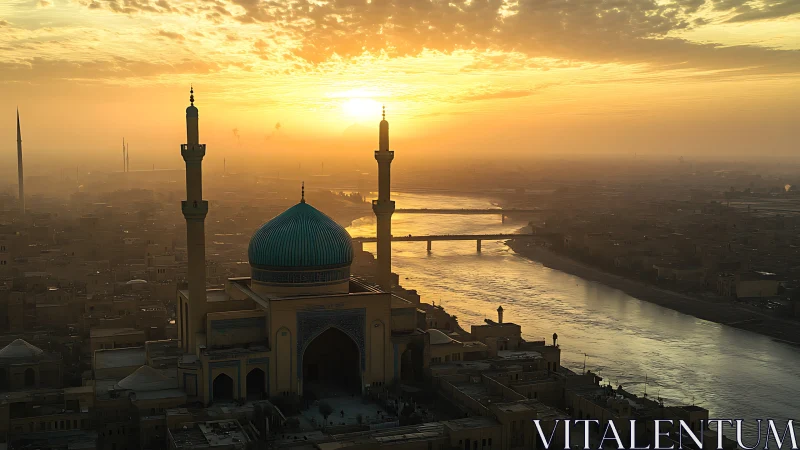 Golden river sunrise embracing blue-domed riverside mosque.