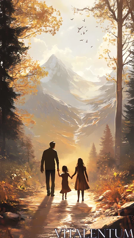 Golden mountain walk with family in gentle autumn light.