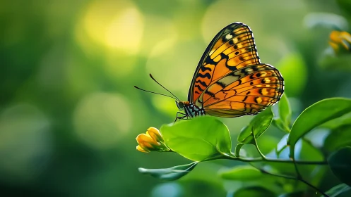 Macro telephoto capture of orange butterfly on green foliage