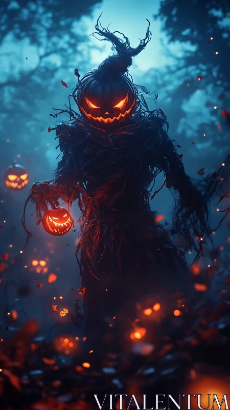 Jack-o-lantern wraith stalks a midnight emberlit forest