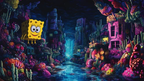 Cartoon sponge in neon underwater ruin corridor at night.