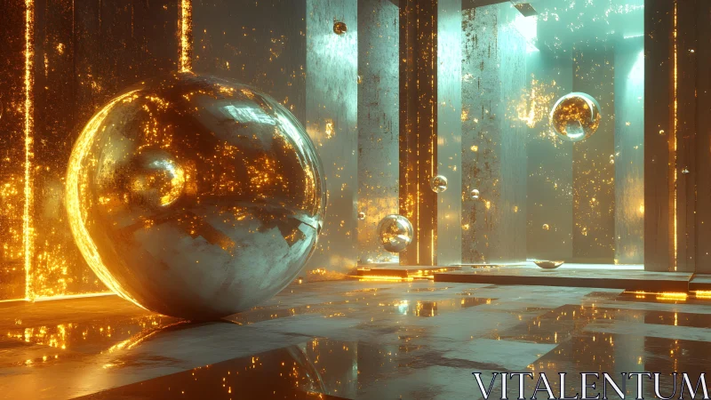 Specular chrome spheres in luminous volumetric corridor