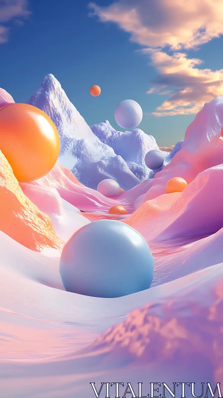 Pastel spheres drift across luminous ice valley dreamscape.