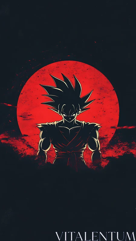 Silhouetted spiky haired fighter before large red sun.