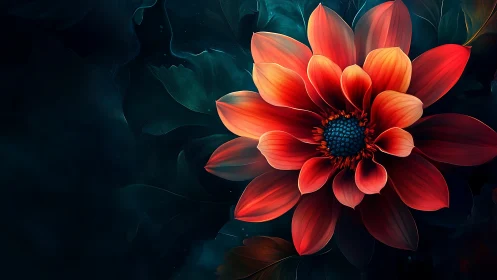 Luminous Red Dahlia Against Teal Darkness.