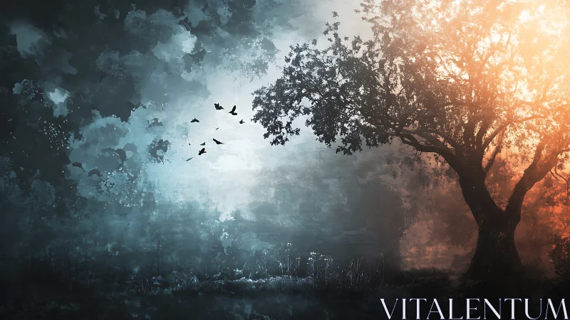 Solitary tree divides cool dusk and warm dawn light.