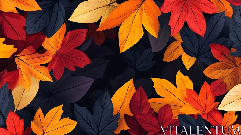 Vector-rendered autumn foliage shows layered warm and cool contrast