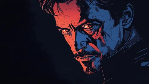 Angular noir portrait renders a dramatic red and cyan chiaroscuro