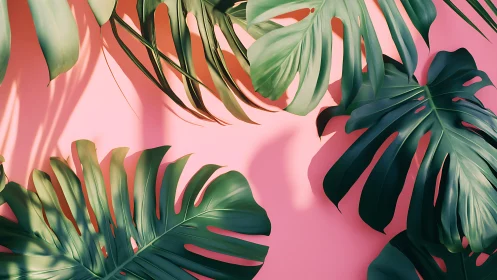 Monstera leaves casting bold tropical shadows on pink wall.