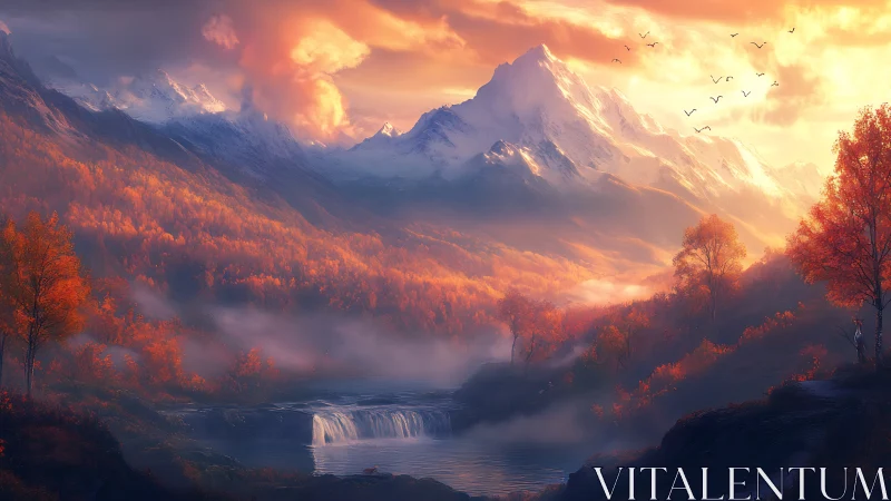 Digital landscape shows autumn valley, waterfall and mountains