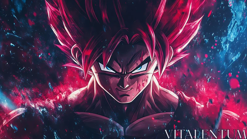 Intense anime warrior portrait with neon red-blue energy field