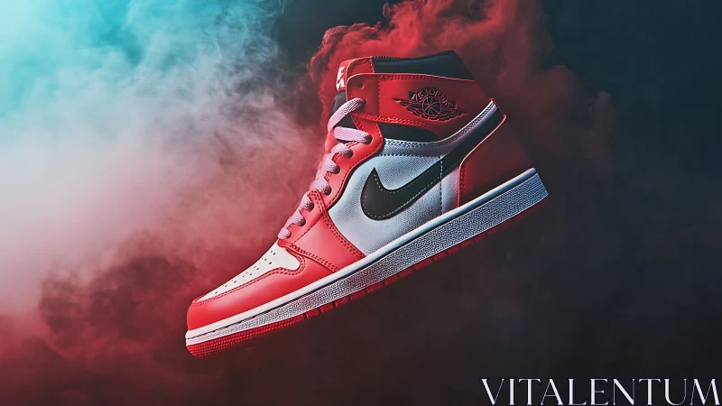 High-contrast red sneaker in dynamic smoke-lit studio scene.