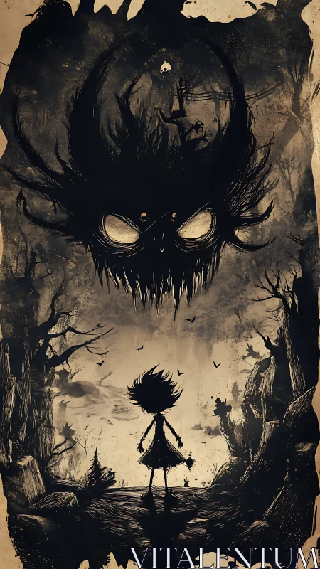 Silhouetted child confronting colossal ocular nightmare entity.