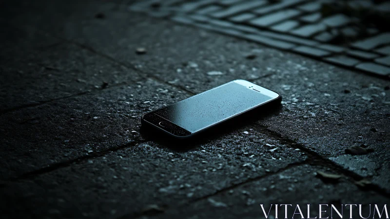 Forgotten smartphone on wet pavement in low key lighting.