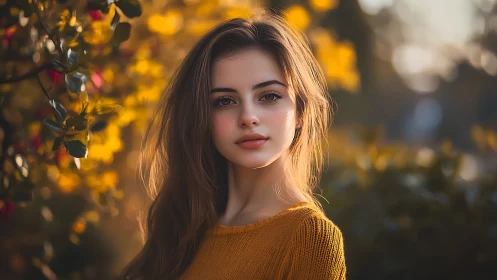 Young woman in golden hour autumn garden portrait