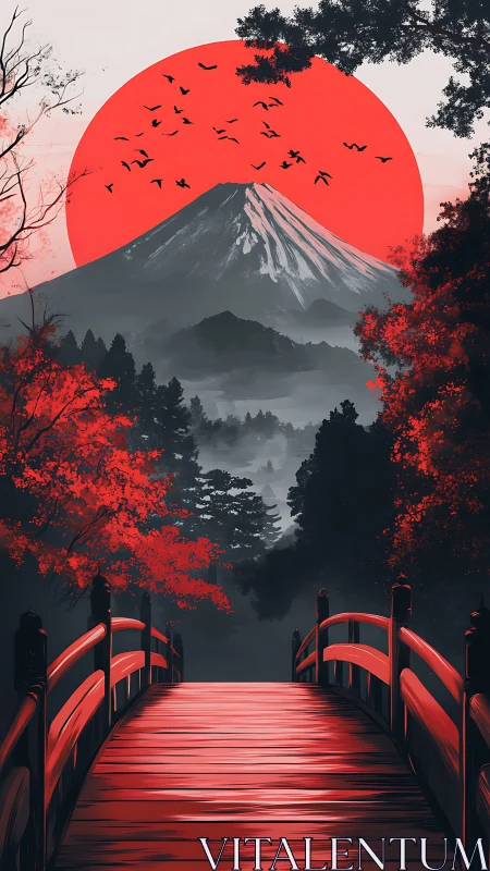 Scarlet bridge leads to misty mountain beneath rising sun