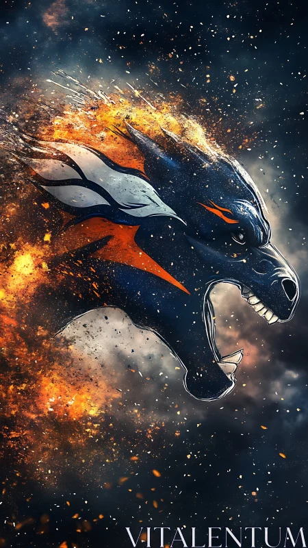 Digital painting of flaming stylized horse crest in eruption form.